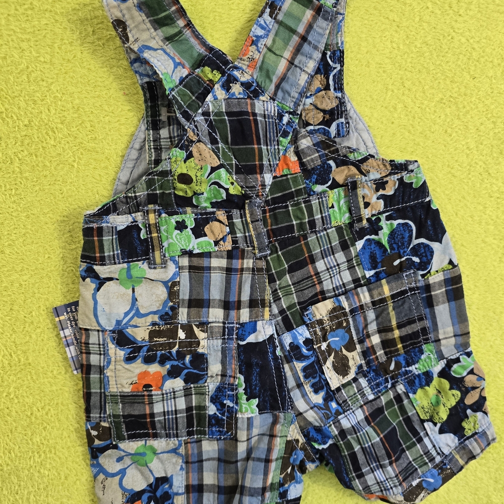 NWT 0-3M UNISEX Blue Green Plaid Floral Patchwork Overalls HAND DYED 2008 (Q9) - Picture 3 of 6